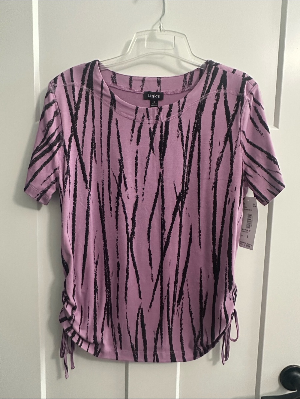 Link Pink Short Sleeve Top with Black Brushstroke Print and Side Ties